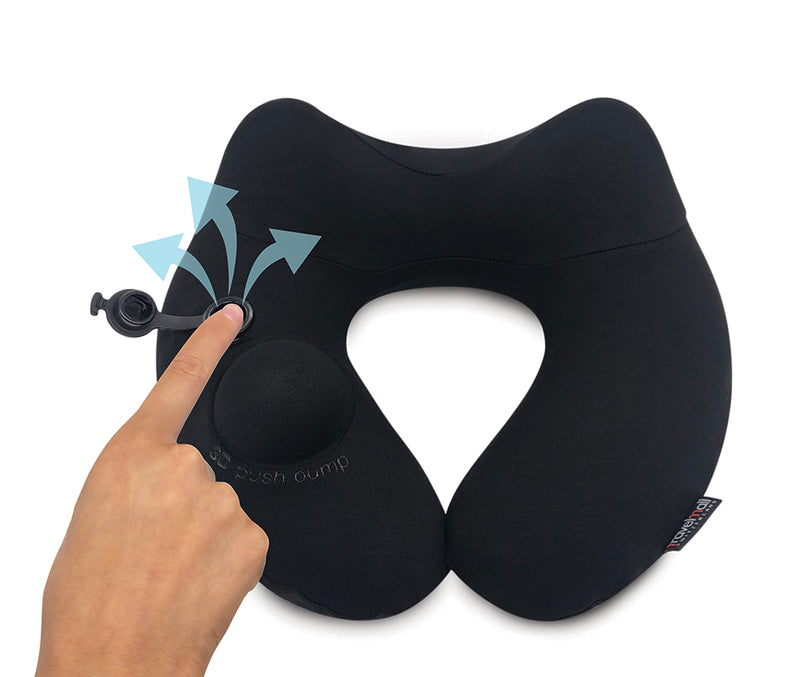 Travelmall Inflatable Neck Pillow with Patented Pump and Foldable Hood - Black