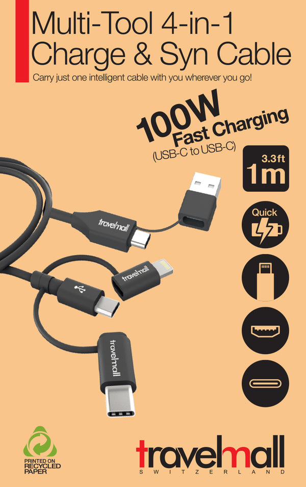 Travelmall Switzerland 5-in-1 Lightning, Micro-USB and USB-C Intelligent Cable with USB-A/USB-C dual interchangeable head 1M, Black