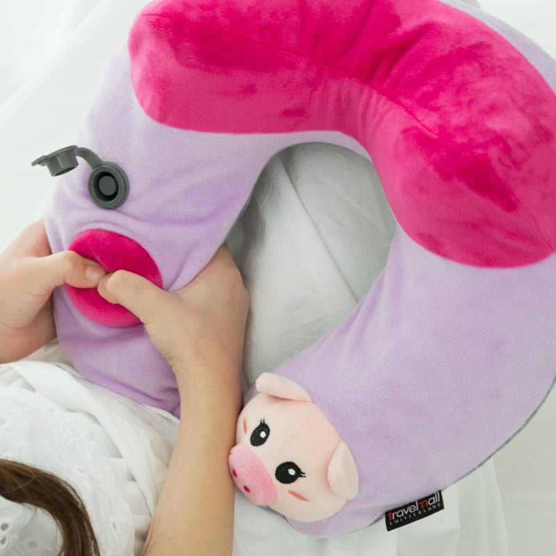 Inflatable Neck Pillow, with Patented Pump, Piglet Edition