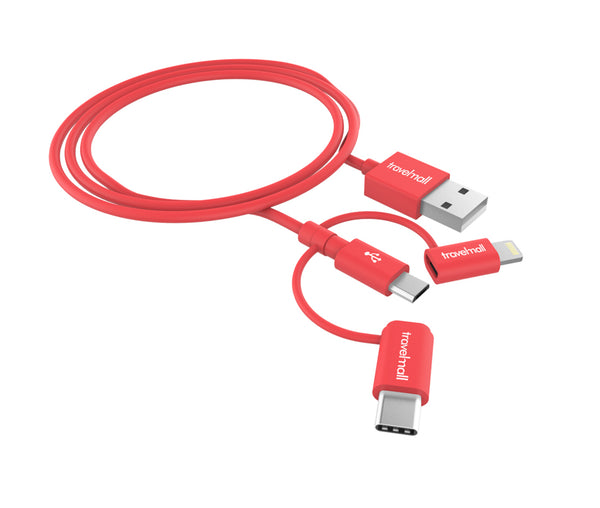Travelmall Switzerland 3-In-1 Lightning, Micro-USB and USB-C Intelligent Cable, 1M, Red