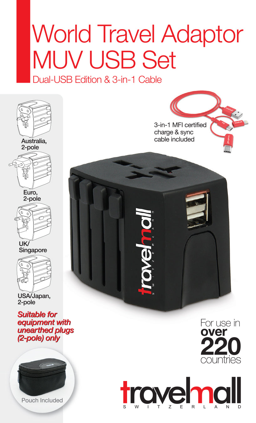 Travelmall Switzerland Dual-USB Worldwide Travel Adaptor Set, with Typ
