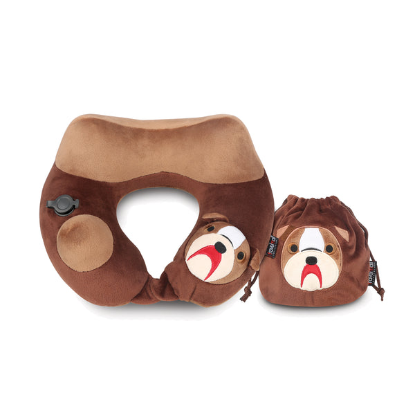 Travelmall Inflatable Neck Pillow with Patented 3D Pump, Bull Dog Brown Edition