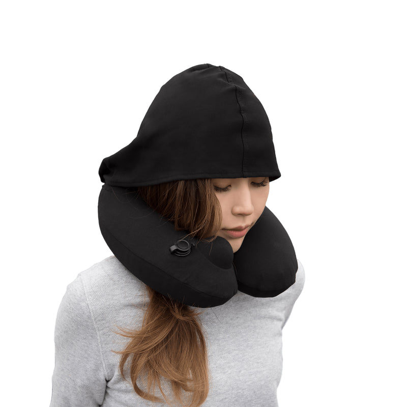 Inflatable Neck Pillow with Patented Pump and Foldable Hood - Black
