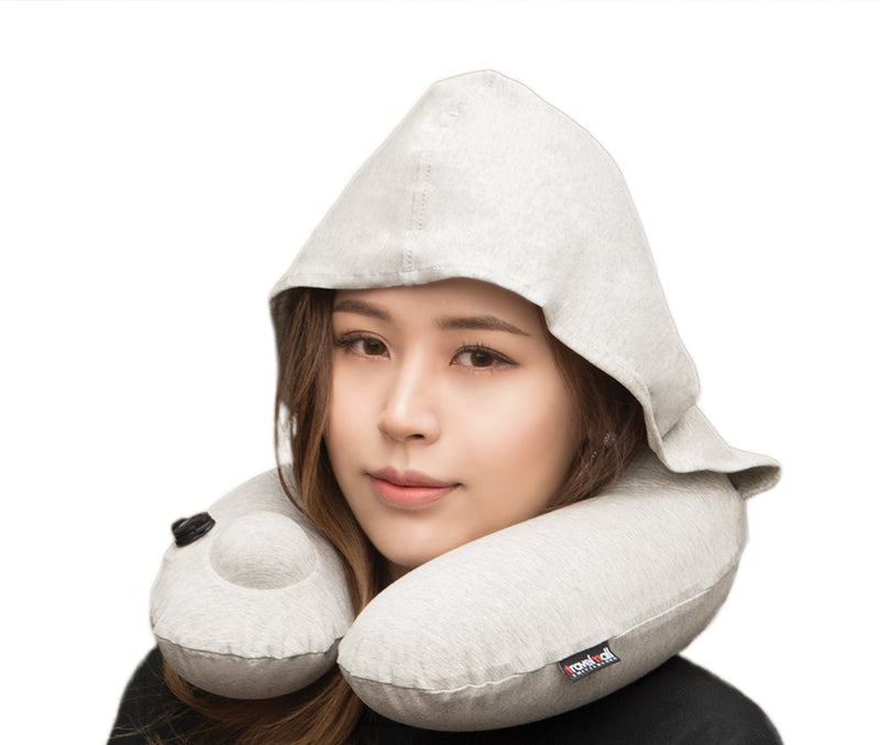 Inflatable Hooded Neck Pillow with Patented Pump and Hood - Grey edition