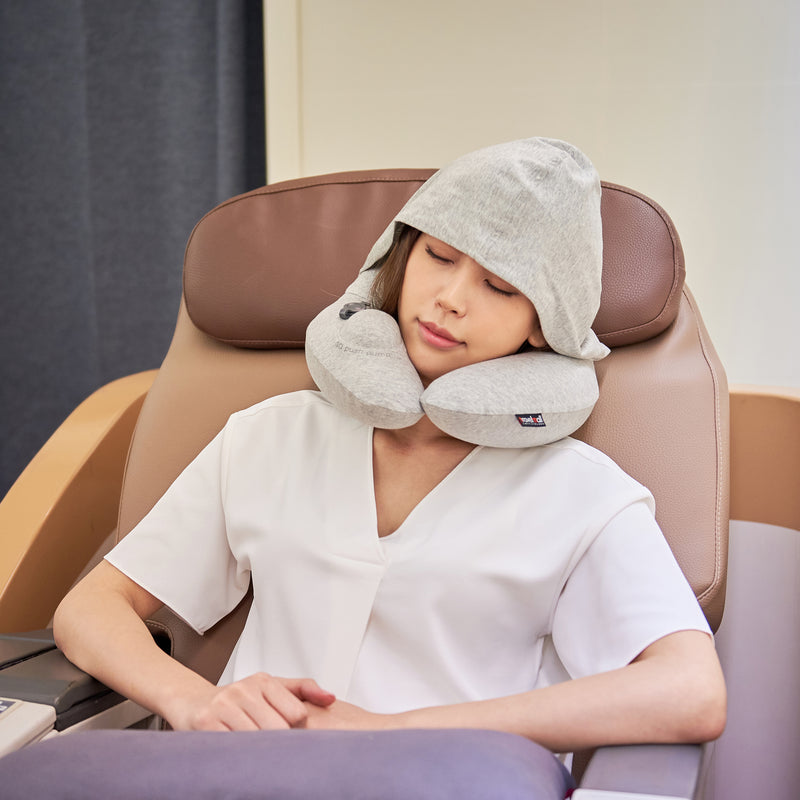 Inflatable Hooded Neck Pillow with Patented Pump and Hood - Grey edition