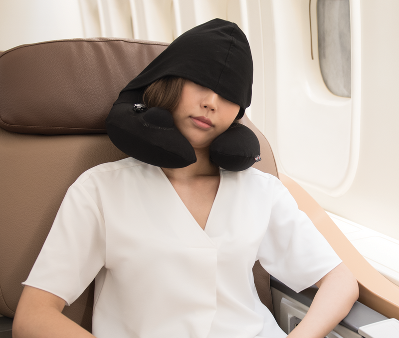 Inflatable Neck Pillow with Patented Pump and Foldable Hood - Black